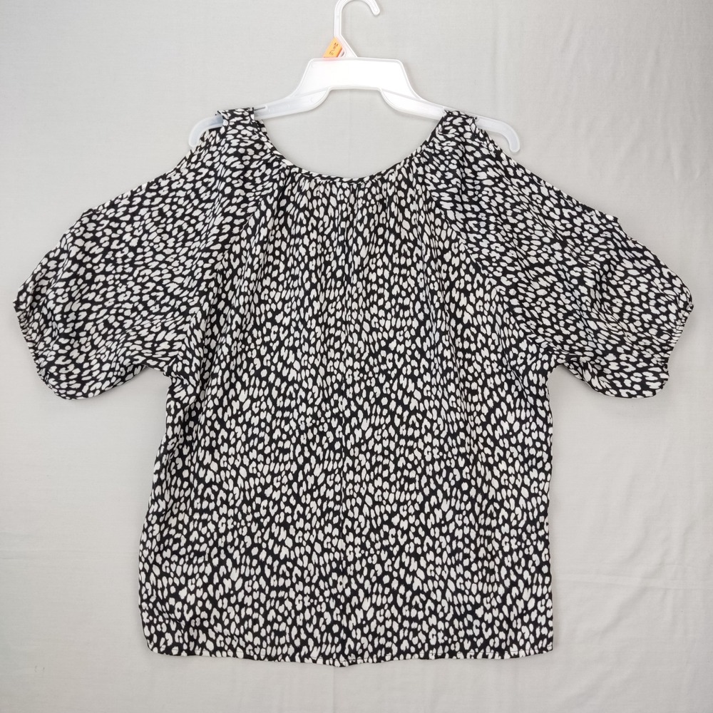 Express Blouse Womens cold shoulder Small Black White Animal Print Split Neck